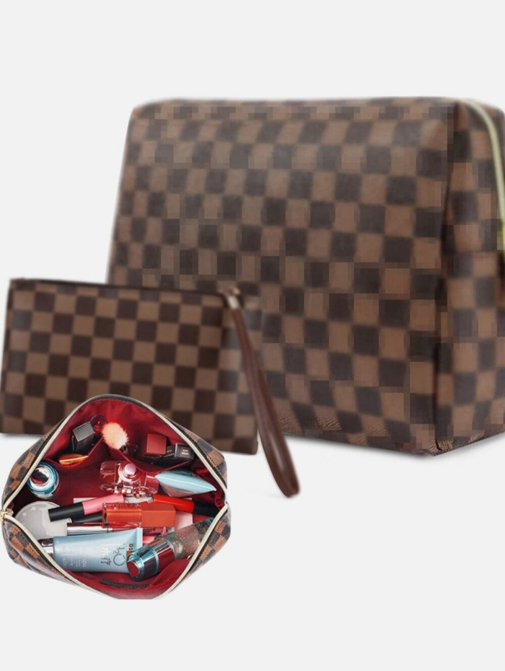 Brown Checkered Cosmetic Pouch Set with Wristlet - Picture 6 of 10